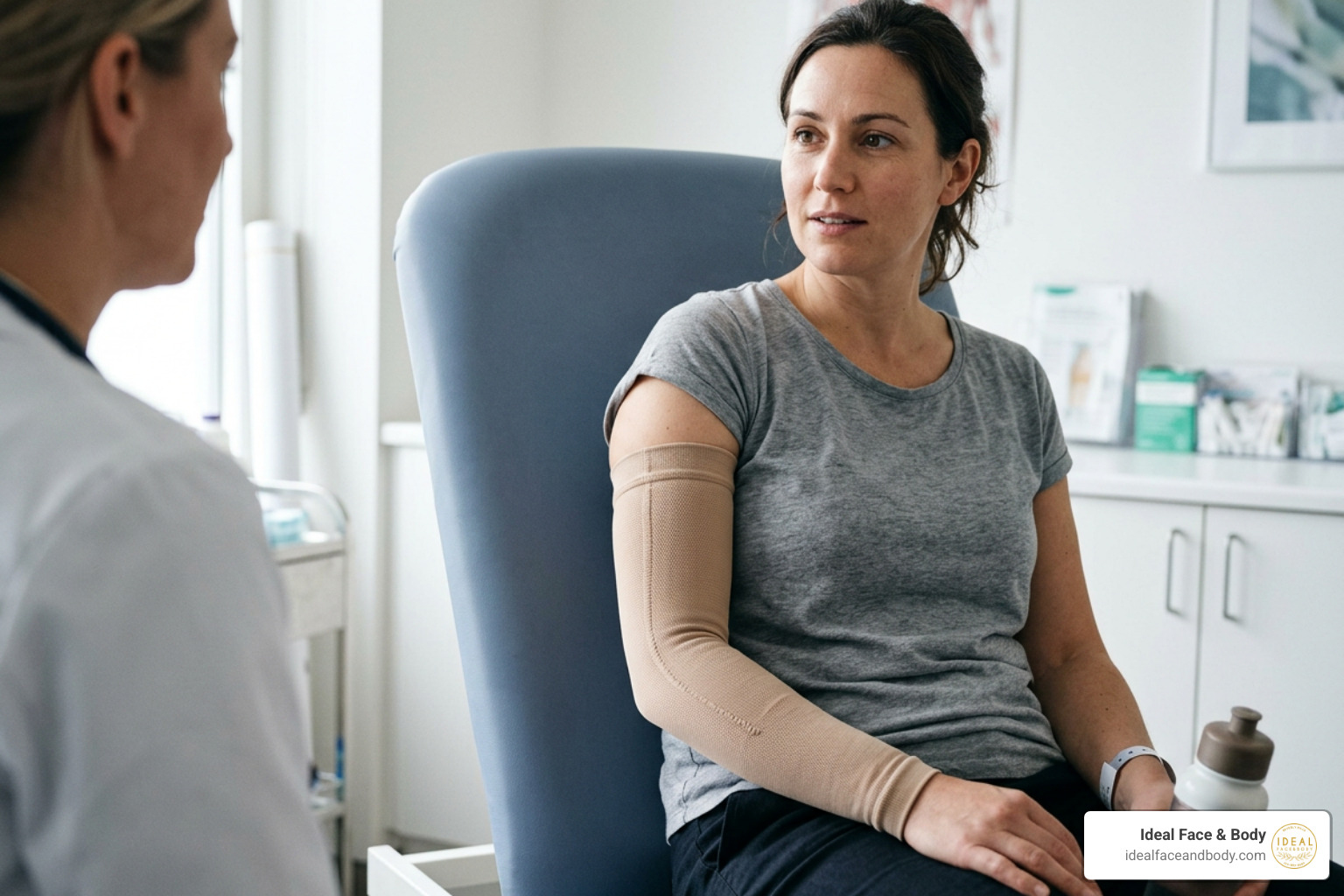 A patient wearing a medical-grade compression sleeve on their arm during post-operative recovery A patient wearing a medical-grade compression sleeve on their arm during post-operative recovery