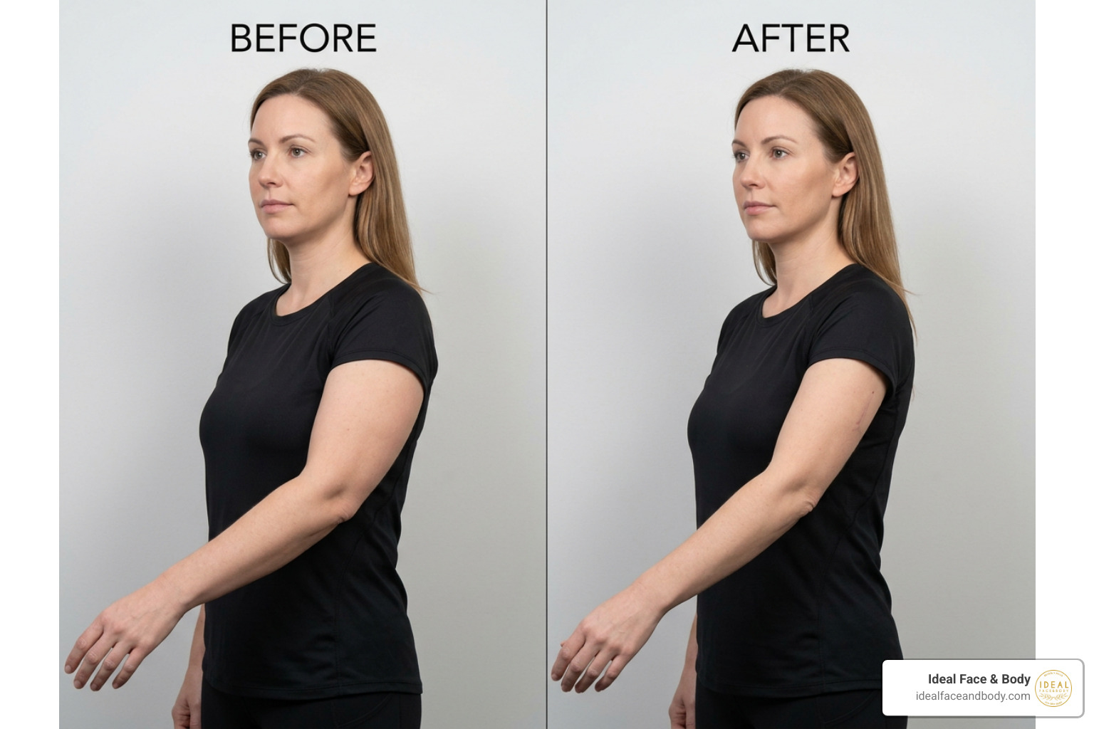 A visual comparison showing a patient's arm contour before and after a successful liposuction procedure A visual comparison showing a patient's arm contour before and after a successful liposuction procedure