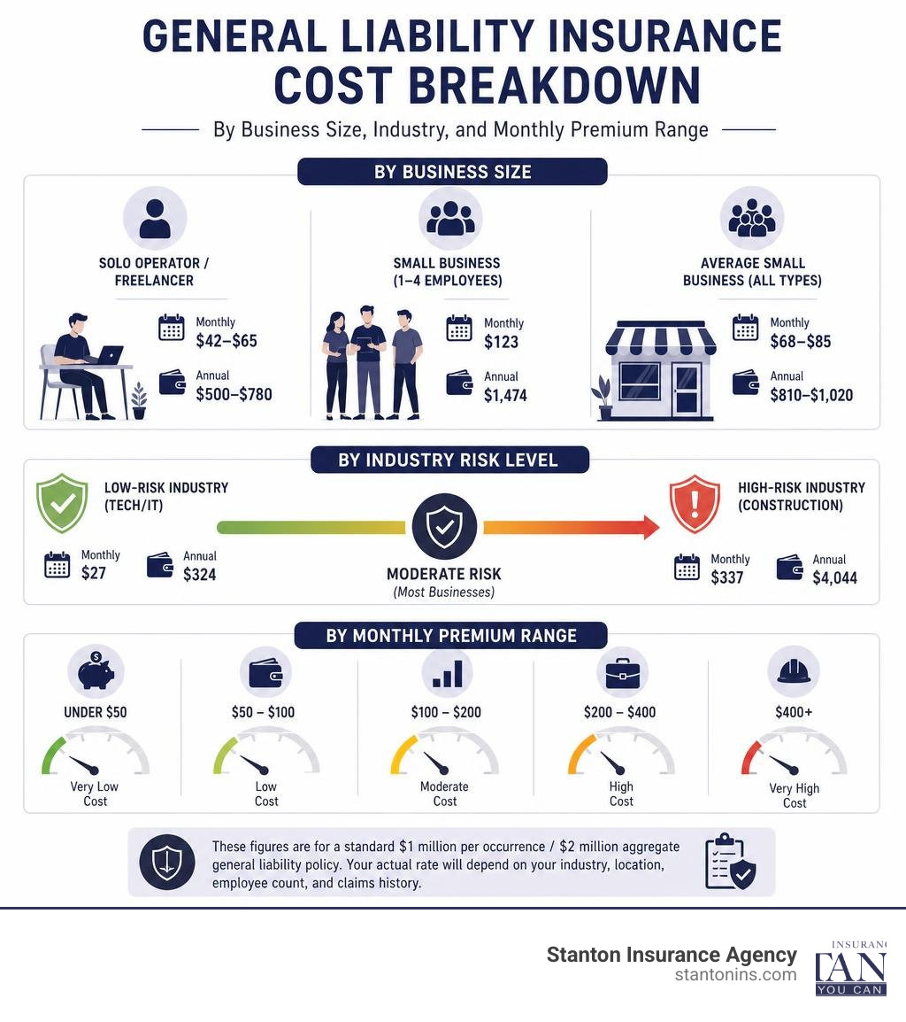 General liability insurance cost breakdown by business size, industry, and monthly premium range infographic General liability insurance cost breakdown by business size, industry, and monthly premium range infographic