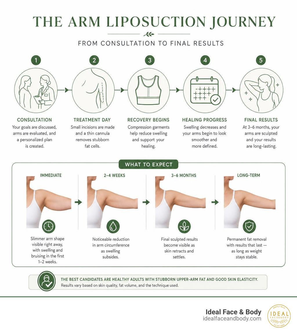 Infographic showing the arm liposuction journey from consultation to final results at 3-6 months infographic Infographic showing the arm liposuction journey from consultation to final results at 3-6 months infographic