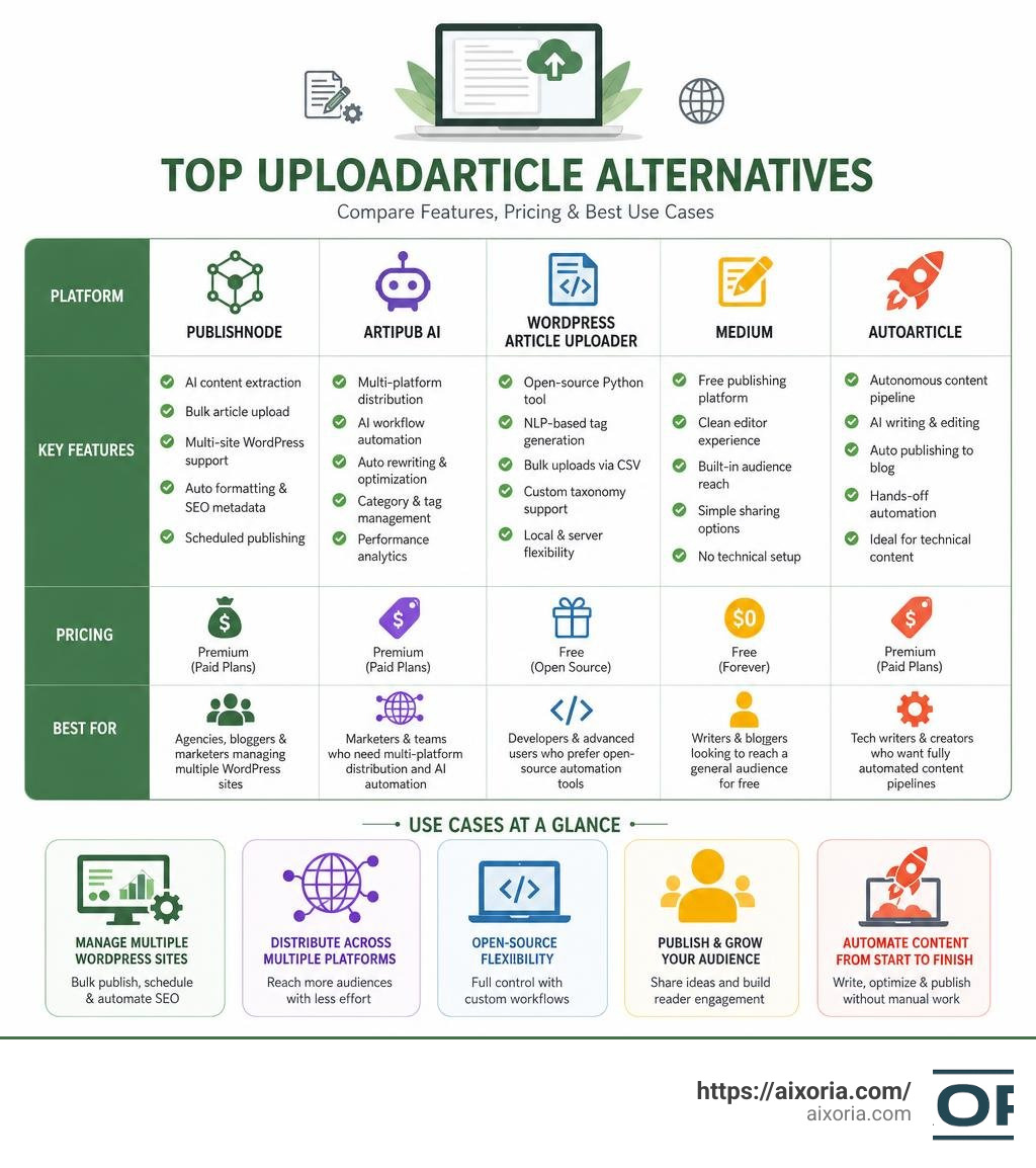 Comparison infographic of top uploadarticle alternatives with features, pricing, and use cases infographic
