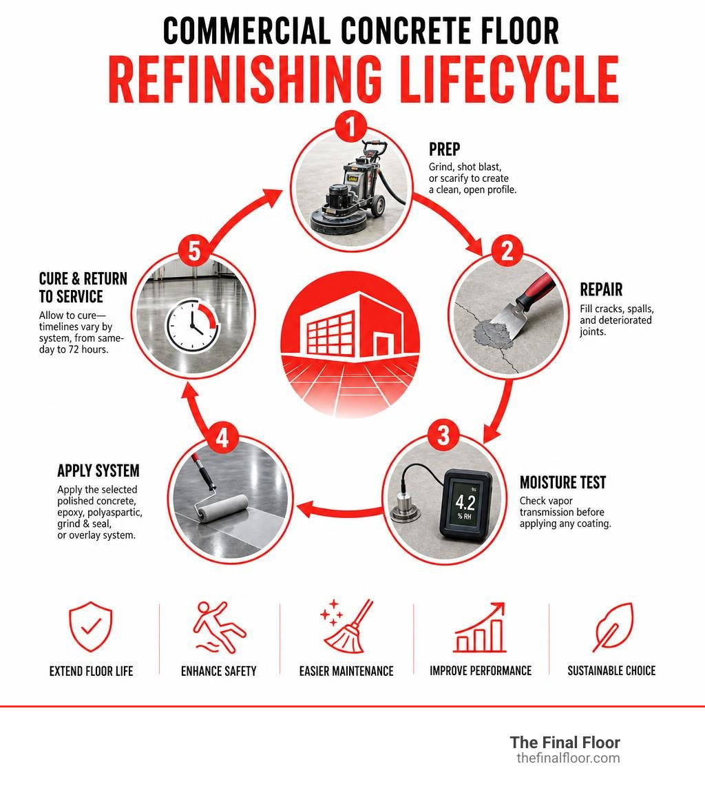 Commercial concrete floor refinishing lifecycle infographic: prep, repair, moisture test, apply system, cure infographic Commercial concrete floor refinishing lifecycle infographic: prep, repair, moisture test, apply system, cure infographic