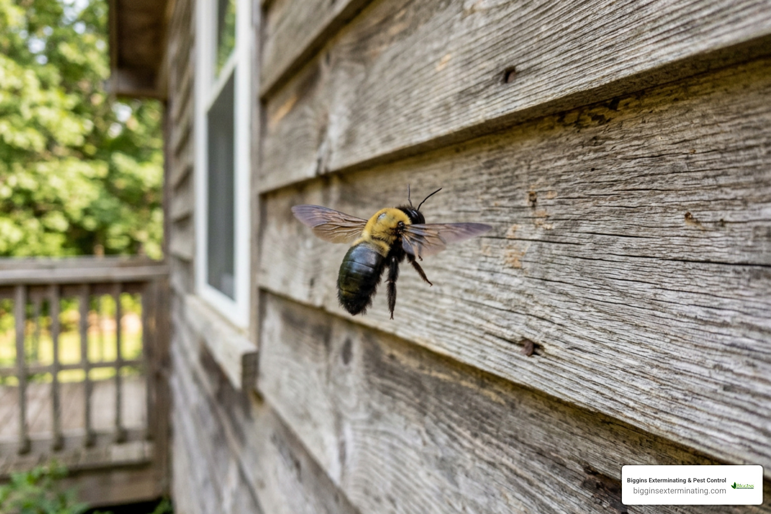 carpenter bee hovering near wood siding