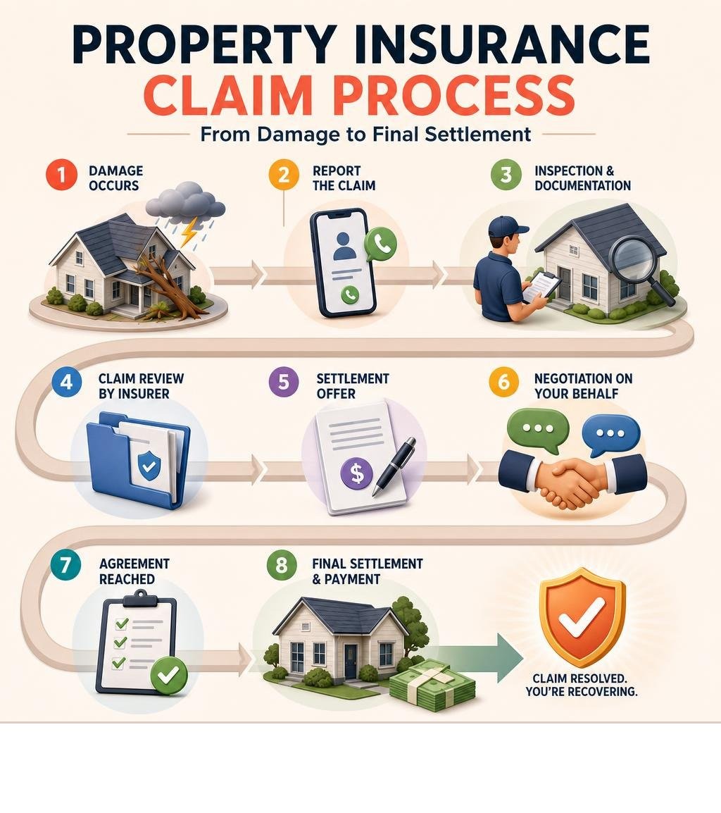 Infographic showing the property insurance claim process steps from damage to final settlement infographic Infographic showing the property insurance claim process steps from damage to final settlement infographic