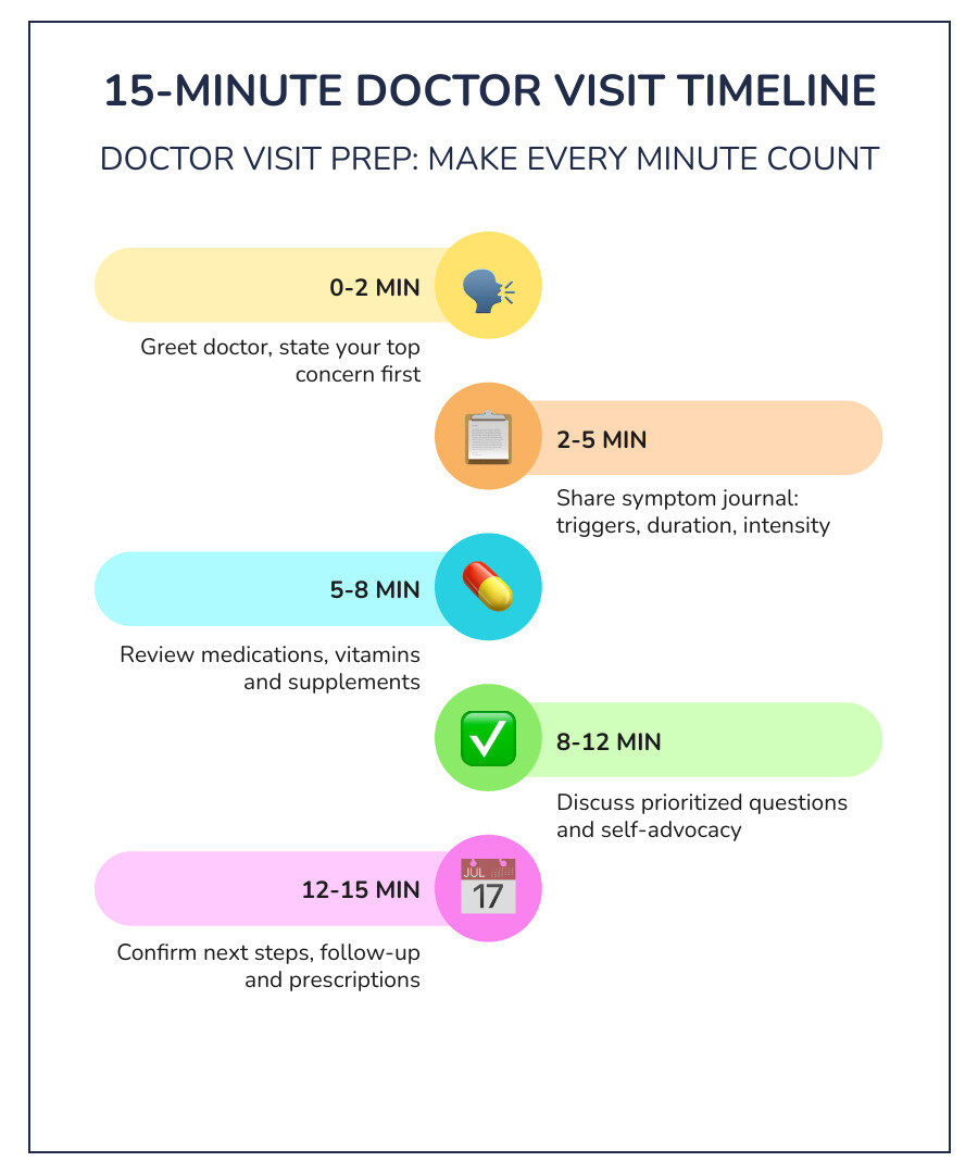 Infographic showing 15-minute doctor visit timeline with key prep steps and priorities infographic