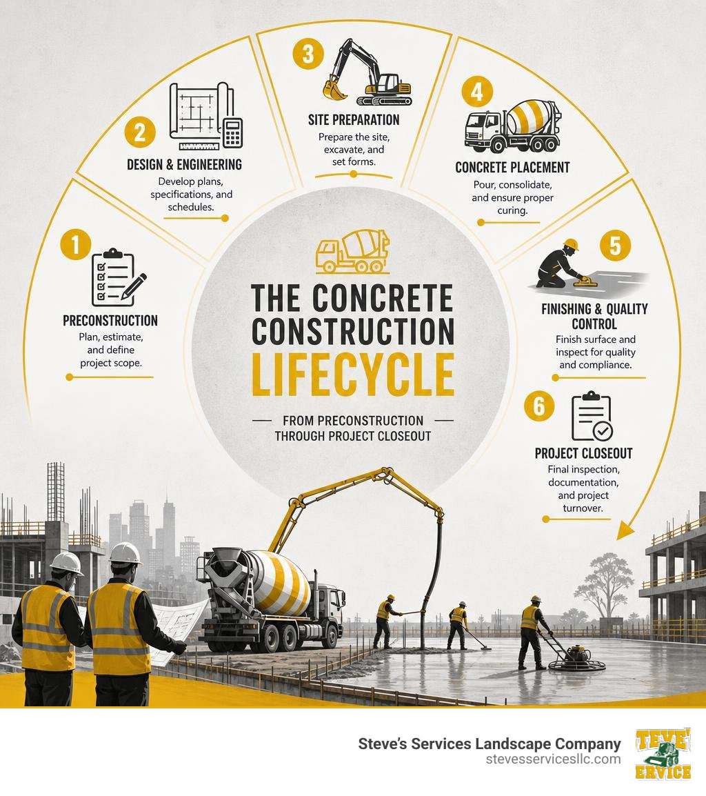 Infographic showing the concrete construction lifecycle from preconstruction through project closeout infographic Infographic showing the concrete construction lifecycle from preconstruction through project closeout infographic