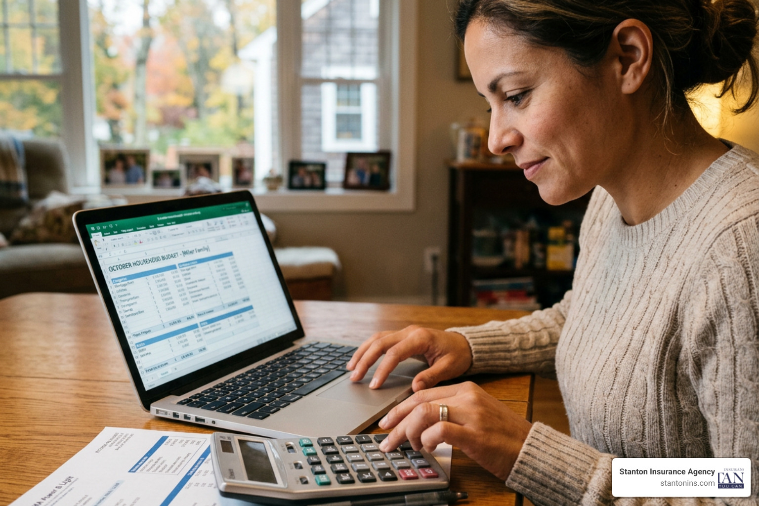 A close-up of a person using a calculator and laptop to plan their monthly household budget in Massachusetts