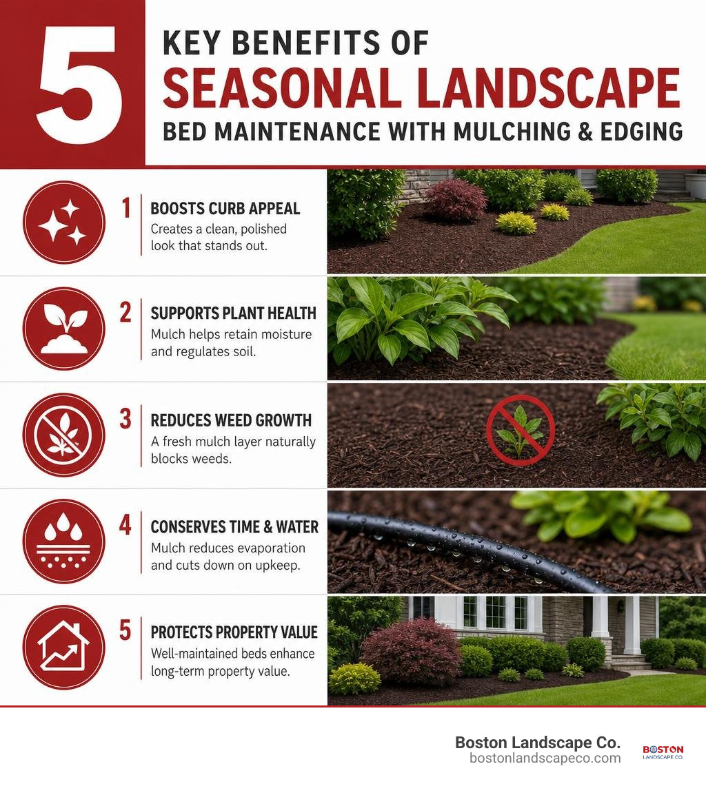 Infographic showing 5 key benefits of seasonal landscape bed maintenance with mulching and edging infographic Infographic showing 5 key benefits of seasonal landscape bed maintenance with mulching and edging infographic