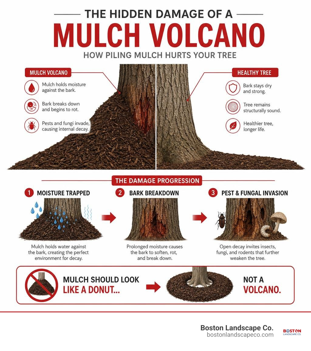 Infographic displaying the structural damage caused by a mulch volcano on tree bark infographic Infographic displaying the structural damage caused by a mulch volcano on tree bark infographic
