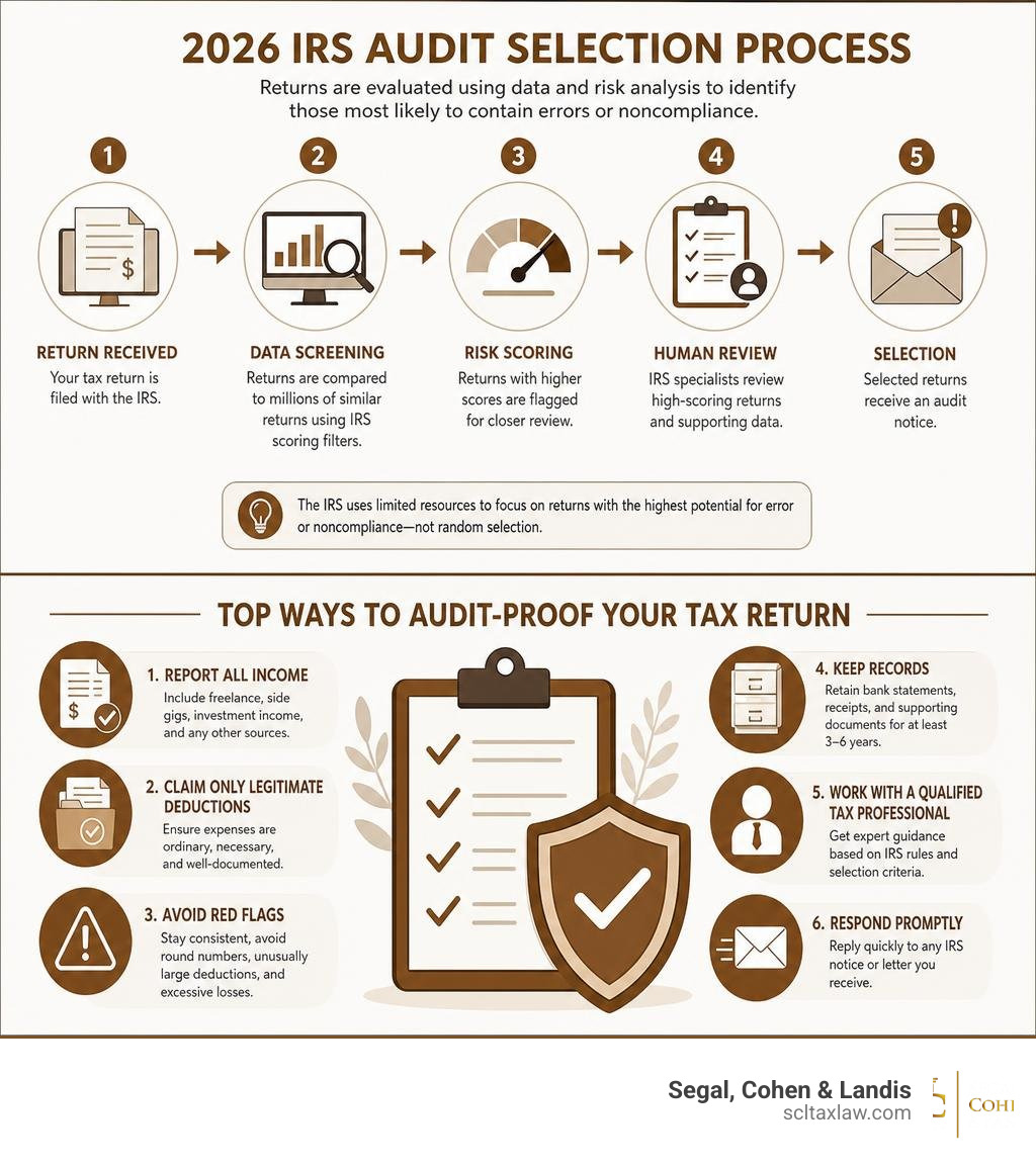 Infographic showing 2026 IRS audit selection process and top ways to audit-proof your tax return infographic