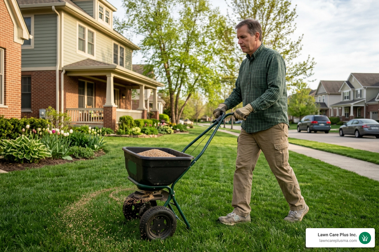 homeowner using a broadcast spreader to apply granular fertilizer to a lawn homeowner using a broadcast spreader to apply granular fertilizer to a lawn