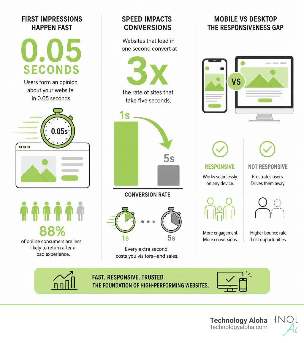 Infographic: 0.05-second user judgment window, load speed vs conversion rate, mobile vs desktop responsiveness impact Infographic: 0.05-second user judgment window, load speed vs conversion rate, mobile vs desktop responsiveness impact