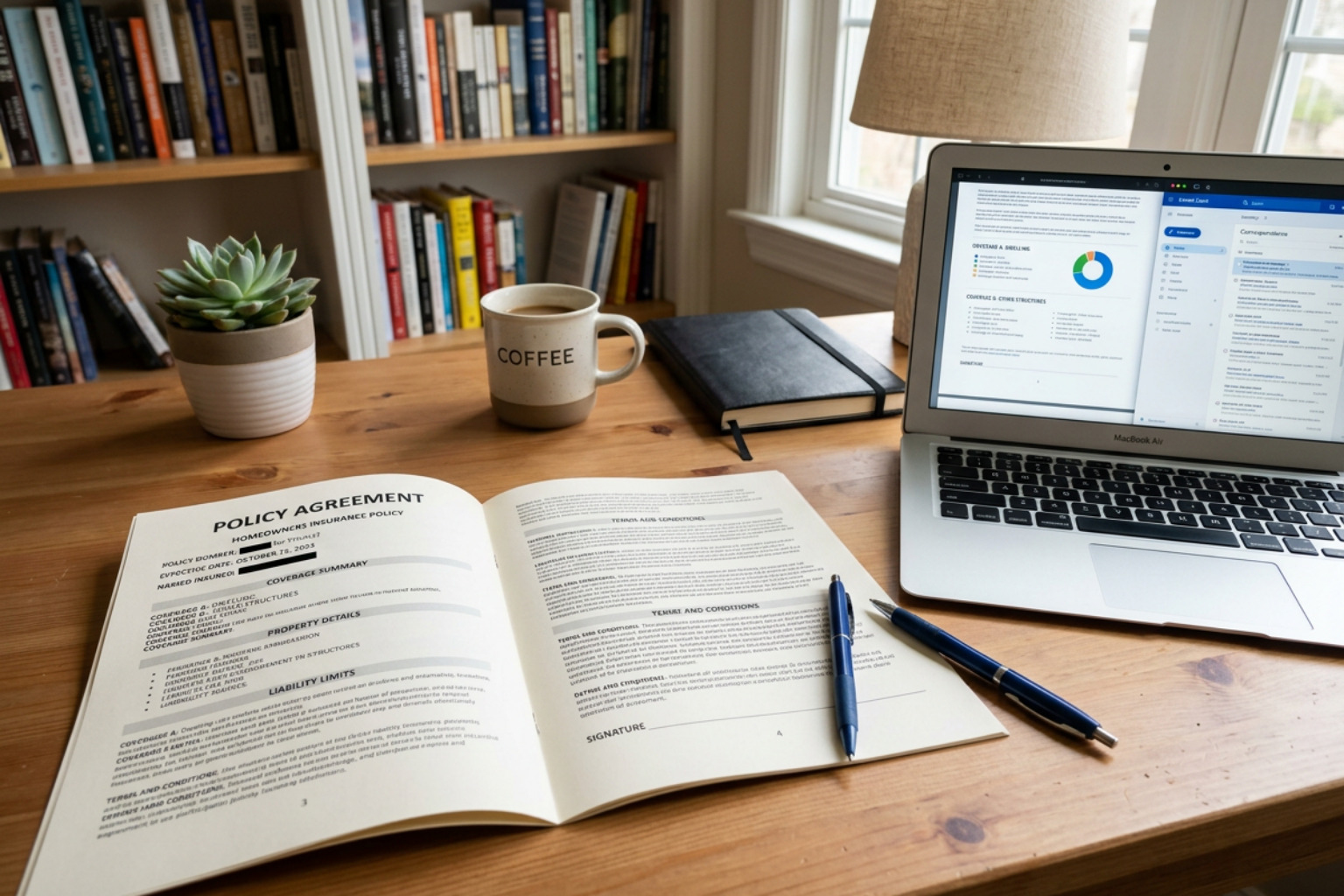 Licensed professional reviewing an insurance policy document at a desk Licensed professional reviewing an insurance policy document at a desk