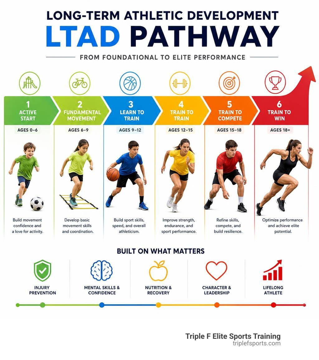 Long-term athletic development LTAD pathway stages from foundational to elite performance infographic Long-term athletic development LTAD pathway stages from foundational to elite performance infographic