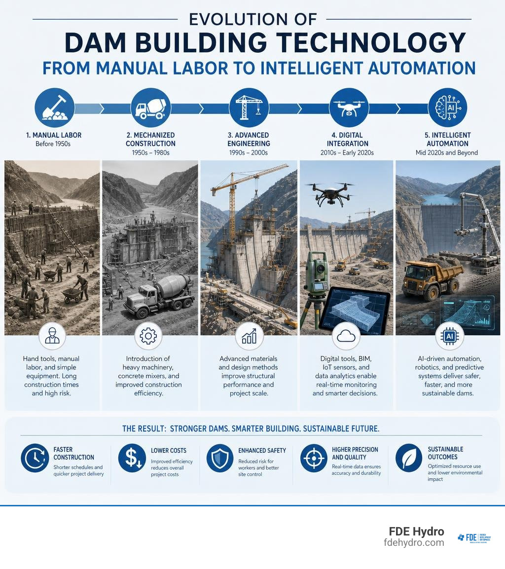 Evolution of dam building technology from manual labor to intelligent automation infographic infographic Evolution of dam building technology from manual labor to intelligent automation infographic infographic
