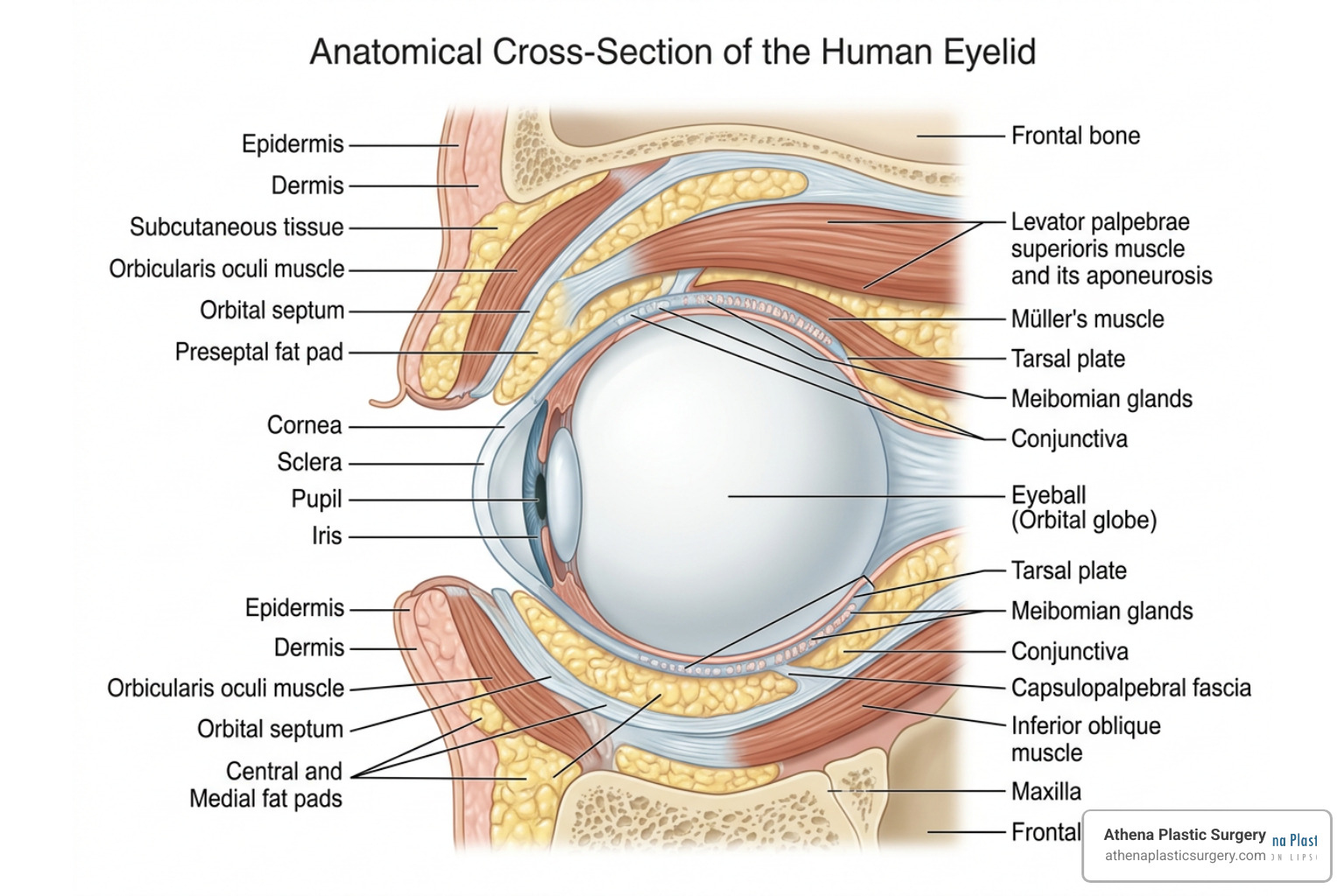 Upper and lower eyelid anatomy showing fat pads, muscle, and skin layers