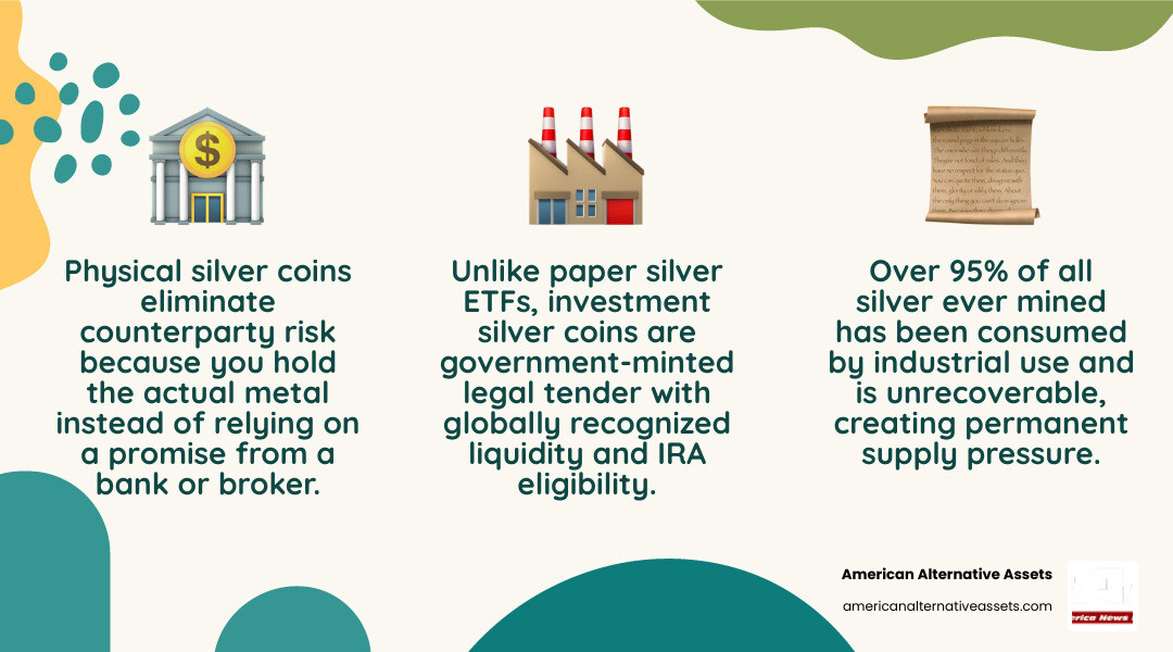 Infographic: Physical silver coins vs. paper silver assets, key differences in ownership, risk, and IRA eligibility Infographic: Physical silver coins vs. paper silver assets, key differences in ownership, risk, and IRA eligibility