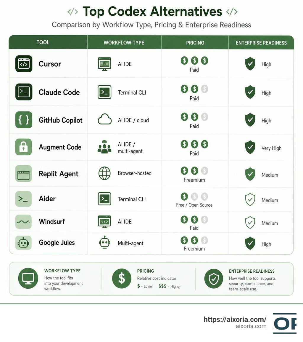 Comparison infographic of top Codex alternatives by workflow type, pricing, and enterprise readiness infographic
