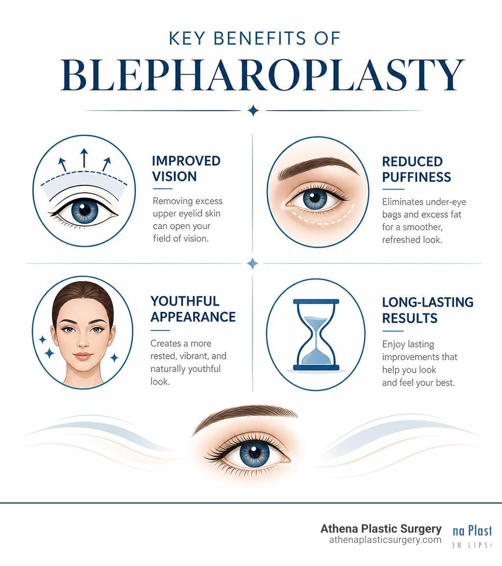 Infographic showing key benefits of blepharoplasty: improved vision, reduced puffiness, youthful appearance, long-lasting