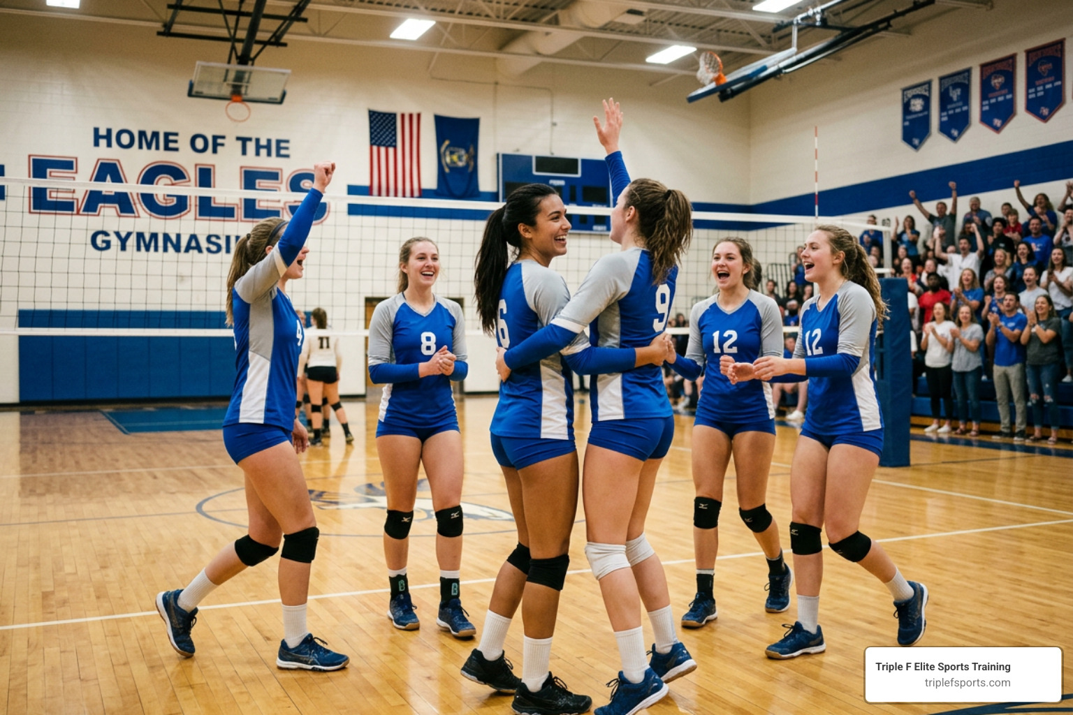 Players celebrating a point in a competitive volleyball match Players celebrating a point in a competitive volleyball match