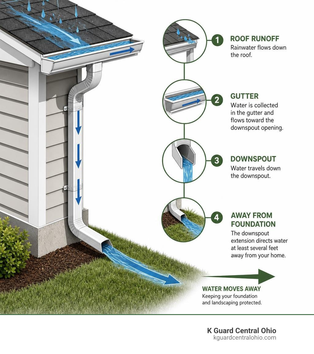 Infographic showing path of roof runoff water from roofline through gutter to downspout and away from foundation infographic