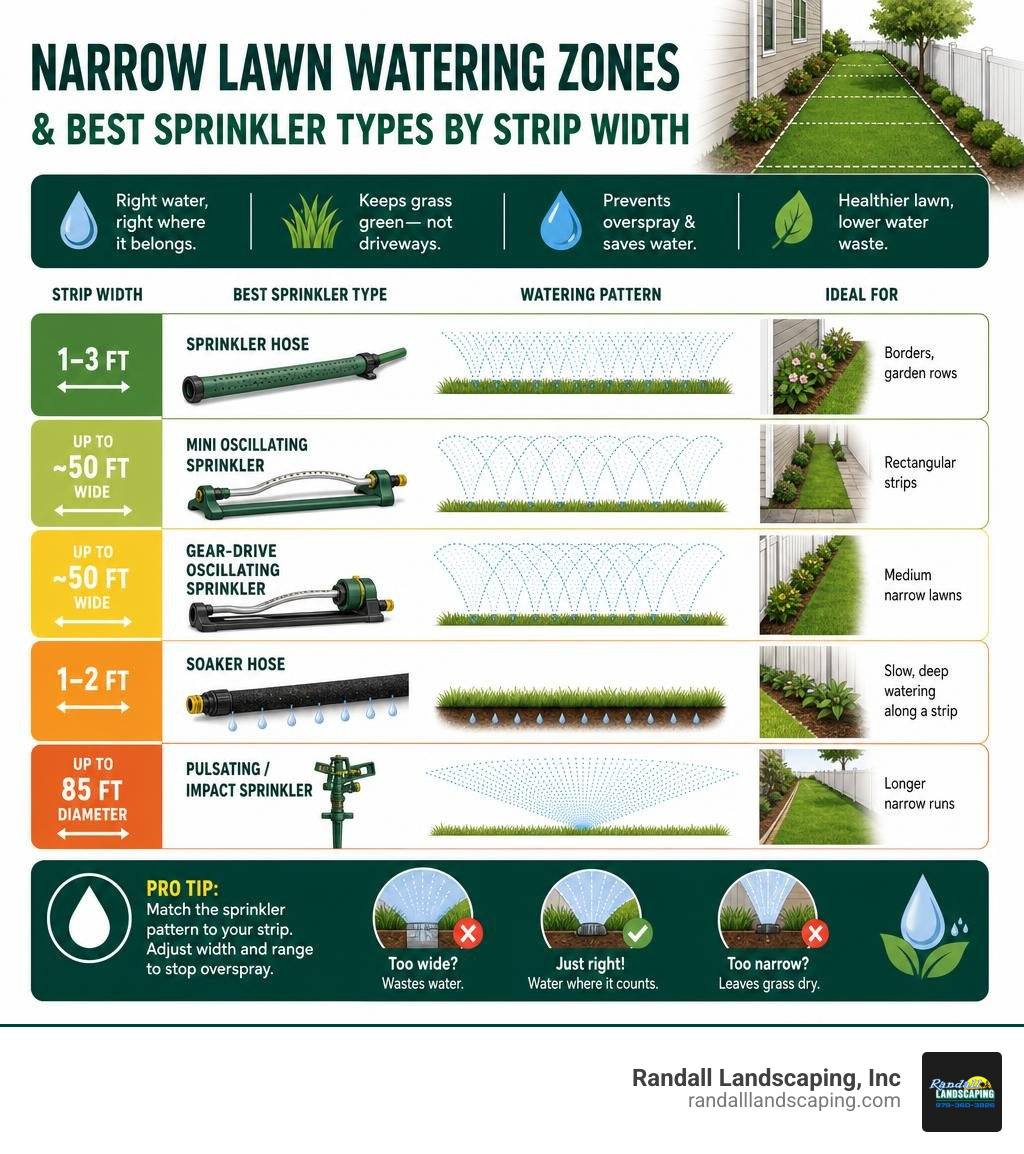 Infographic showing narrow lawn watering zones and best sprinkler types by strip width infographic
