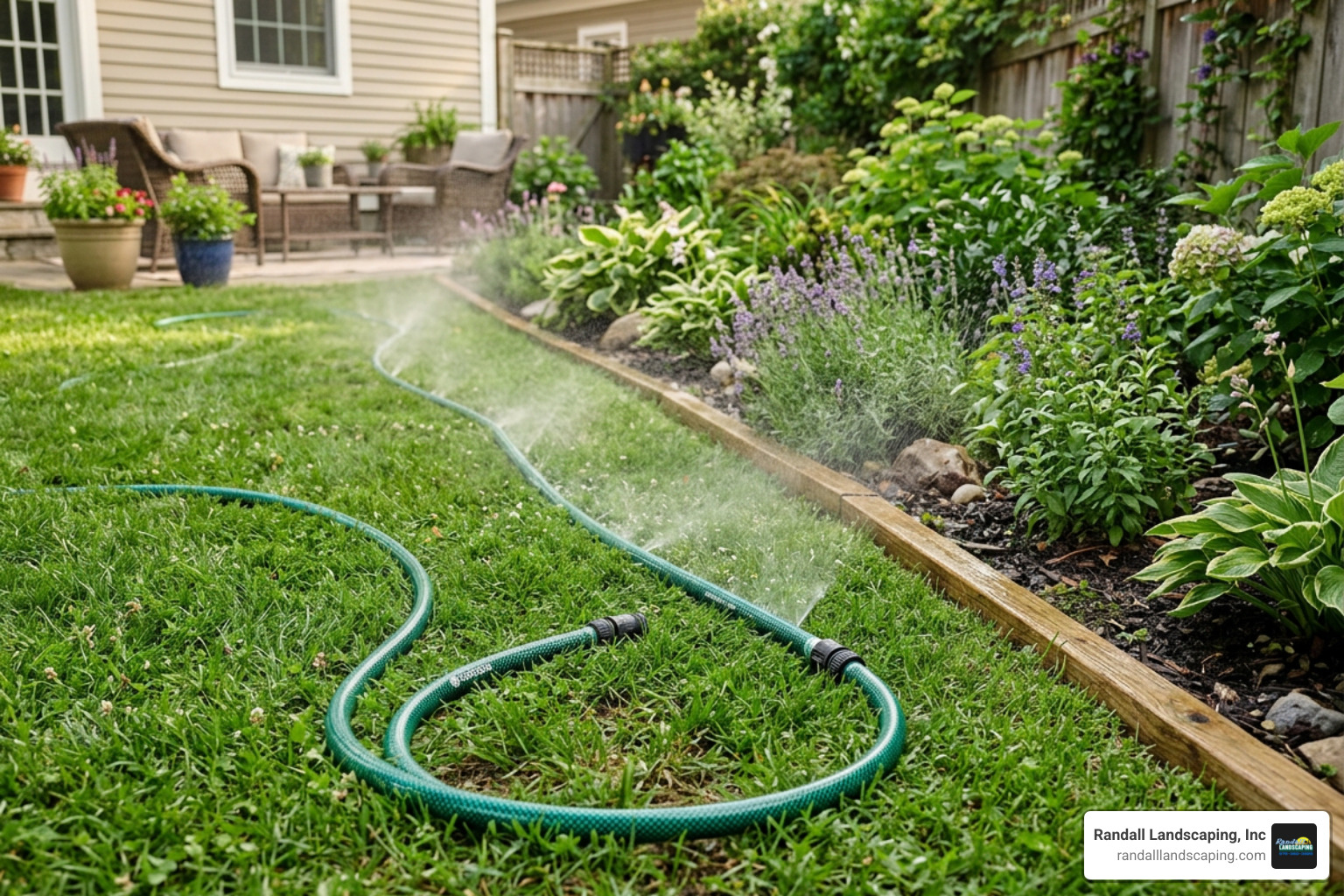 Gardena sprinkler hose watering a narrow garden border