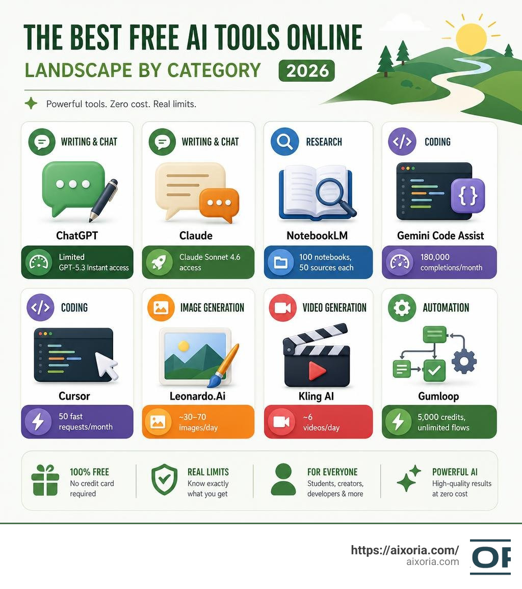 Landscape of the best free AI tools online in 2026 by category with usage limits infographic