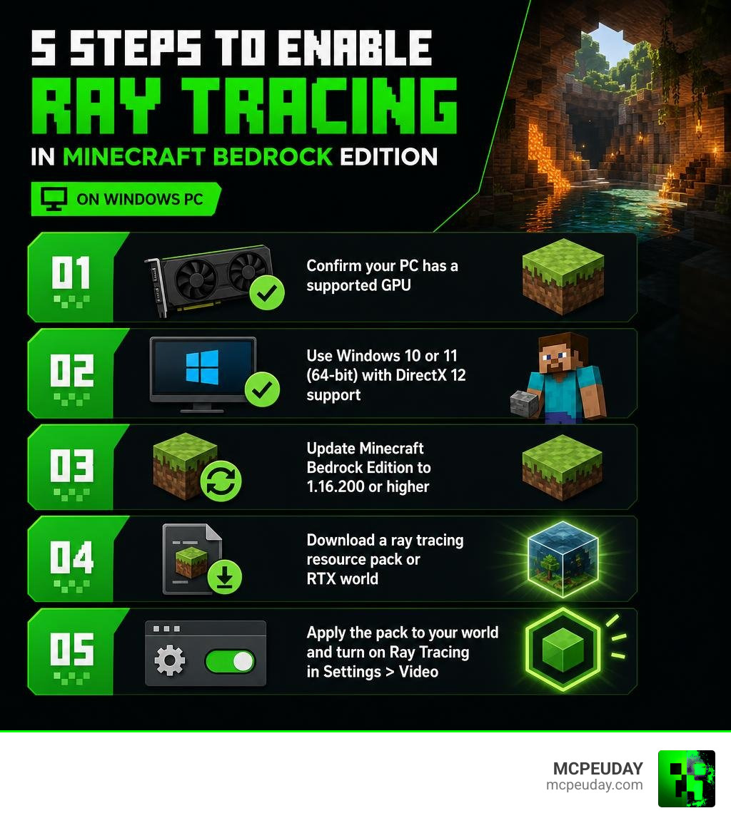 Infographic: 5 steps to enable ray tracing in Minecraft Bedrock Edition on Windows PC infographic