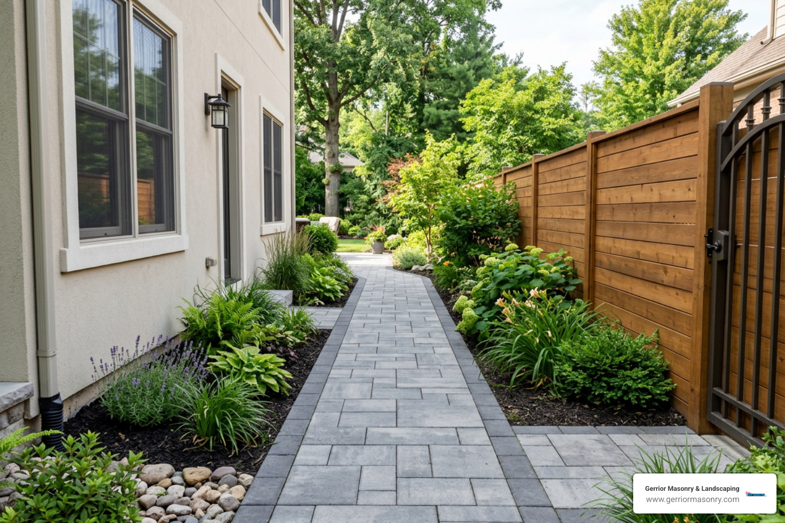 A modern, clean side yard paver path nestled between a home foundation and a wooden privacy fence
