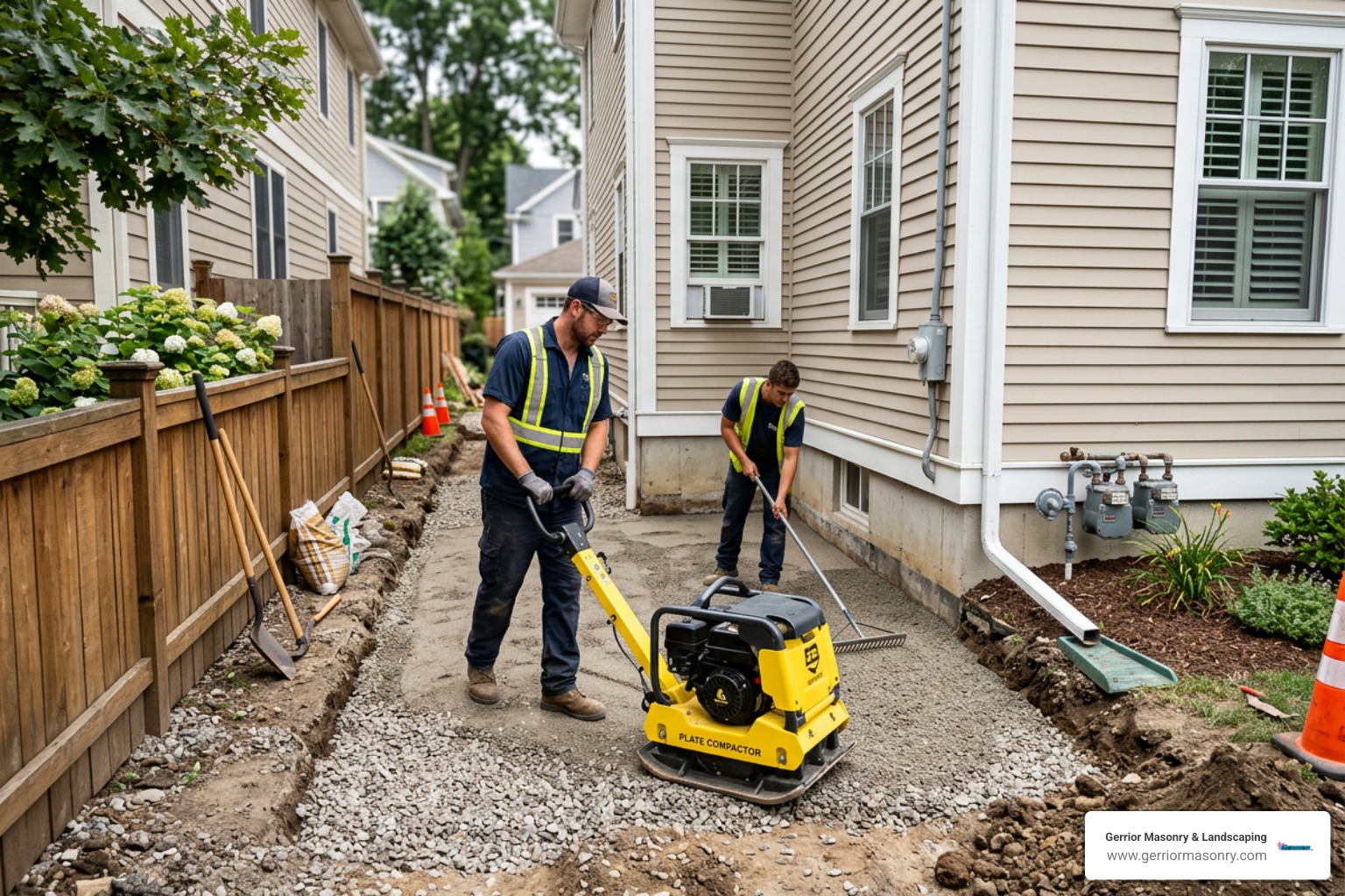 Excavating a narrow side yard and compacting a gravel base to prepare for paver installation