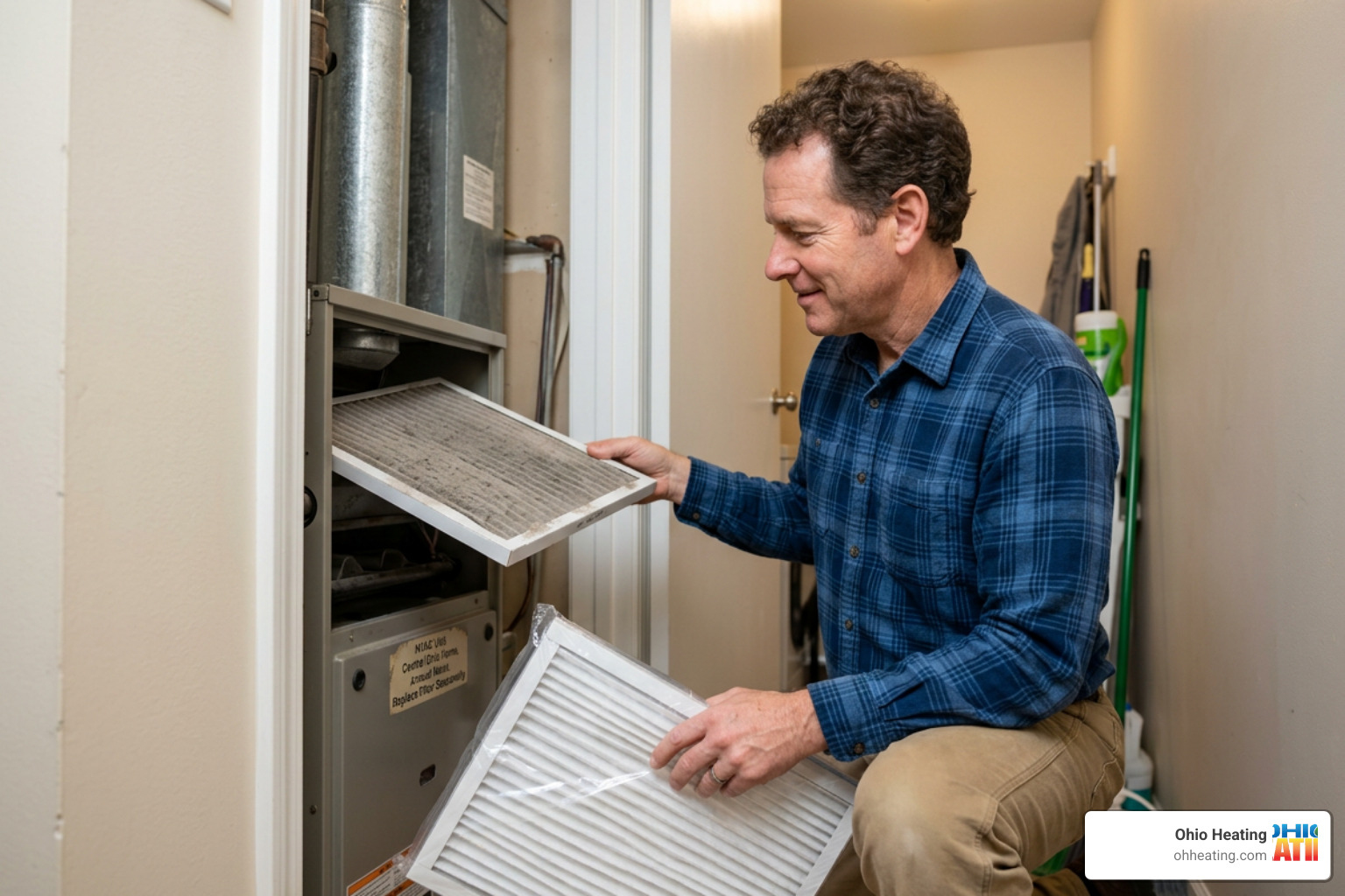 Homeowner replacing a dirty air filter in their Central Ohio home Homeowner replacing a dirty air filter in their Central Ohio home