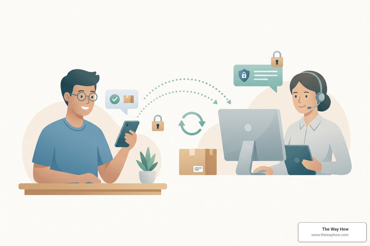 A calm, minimalist illustration representing secure, reliable post-purchase communication and customer trust A calm, minimalist illustration representing secure, reliable post-purchase communication and customer trust