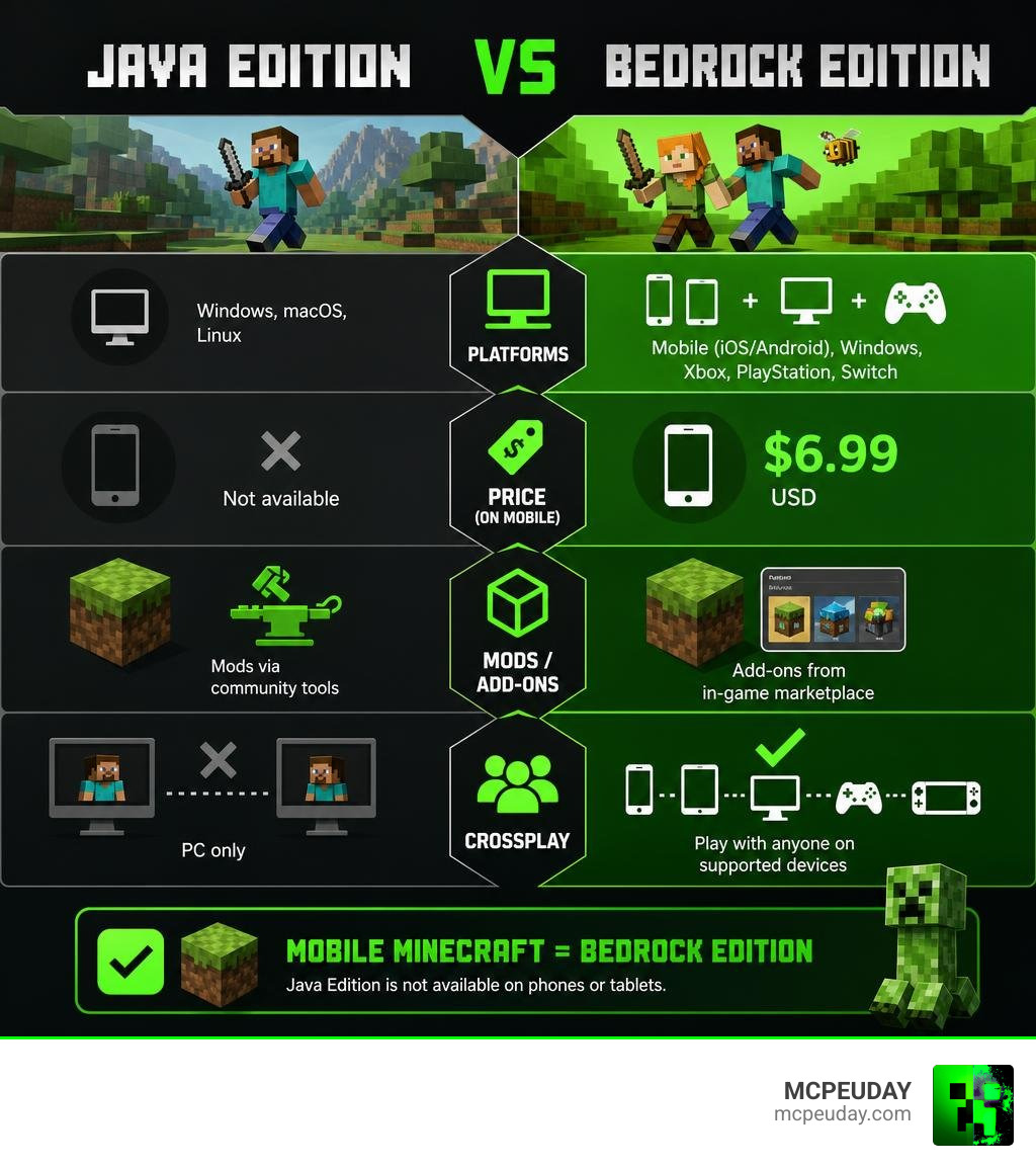 Infographic comparing Java Edition vs Bedrock Edition platforms, price, mods, and crossplay features infographic Infographic comparing Java Edition vs Bedrock Edition platforms, price, mods, and crossplay features infographic