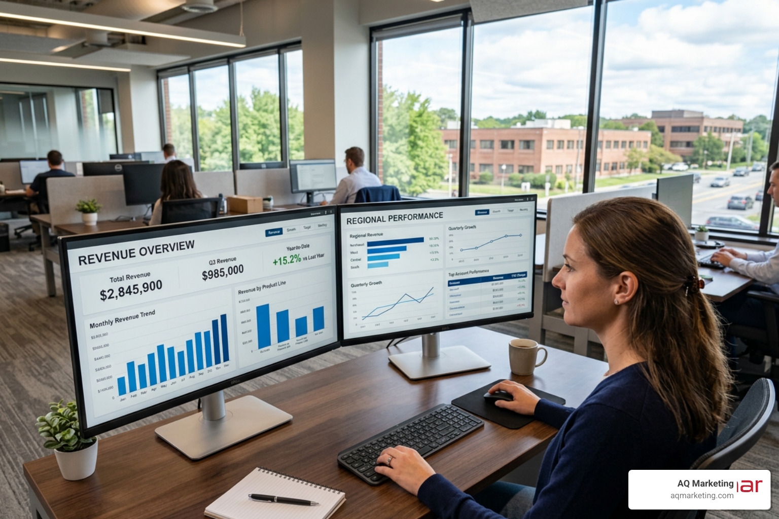 A financial dashboard showing revenue metrics on a dual-monitor setup in a Woburn, MA office A financial dashboard showing revenue metrics on a dual-monitor setup in a Woburn, MA office