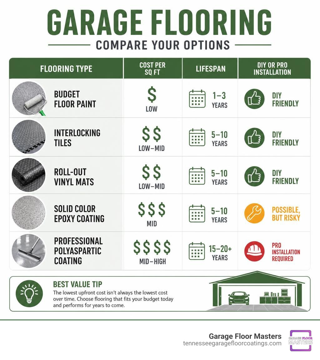 Infographic comparing garage flooring types by cost per square foot, lifespan, and DIY vs pro installation infographic Infographic comparing garage flooring types by cost per square foot, lifespan, and DIY vs pro installation infographic