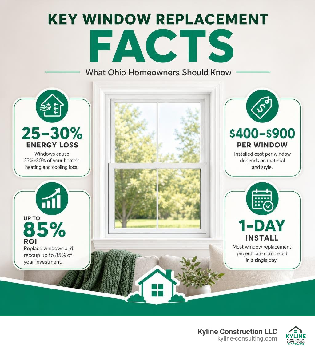 Infographic showing key window replacement facts: 25-30% energy loss, $400-$900 per window, up to 85% ROI, 1-day install Infographic showing key window replacement facts: 25-30% energy loss, $400-$900 per window, up to 85% ROI, 1-day install