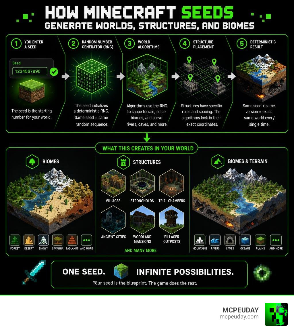 How Minecraft seeds generate worlds, structures, and biomes explained visually infographic