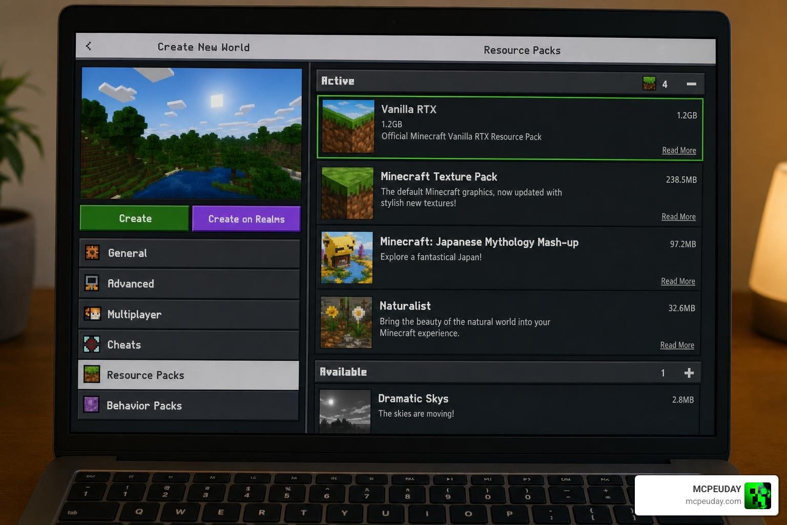 active packs in minecraft bedrock settings