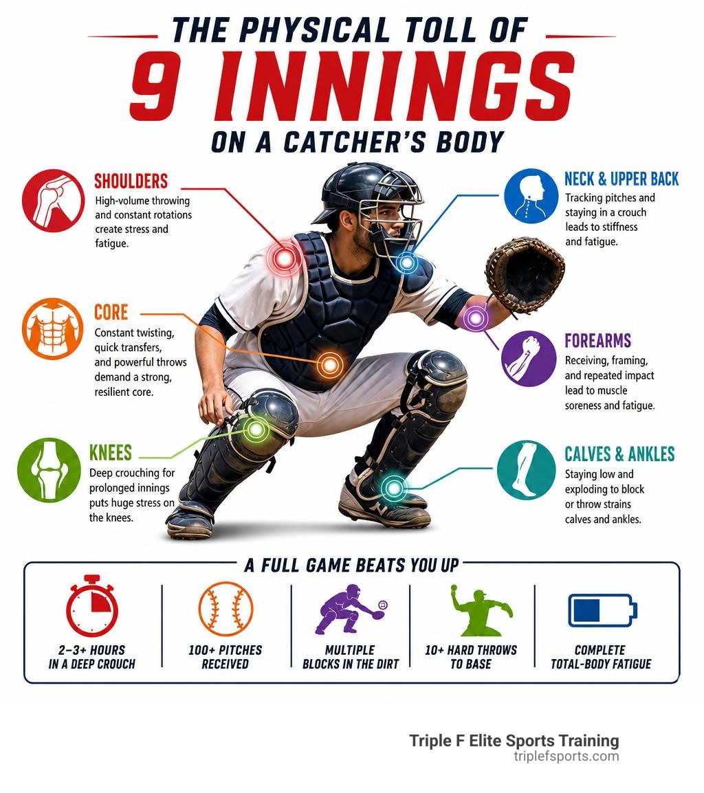 Infographic showing the physical toll of catching a full 9-inning baseball game on joints and muscles infographic Infographic showing the physical toll of catching a full 9-inning baseball game on joints and muscles infographic