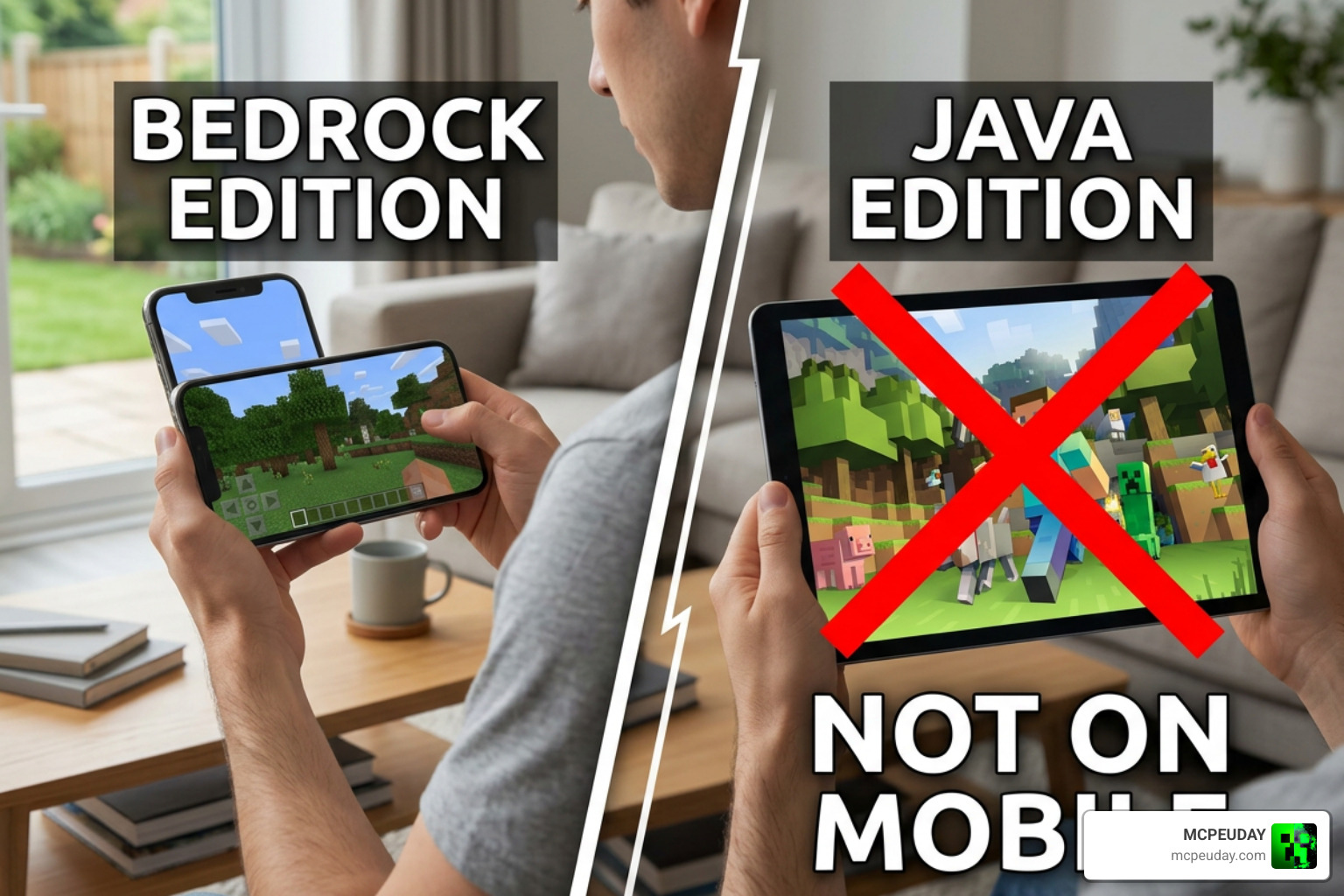 Minecraft Bedrock Edition main menu on mobile Minecraft Bedrock Edition main menu on mobile