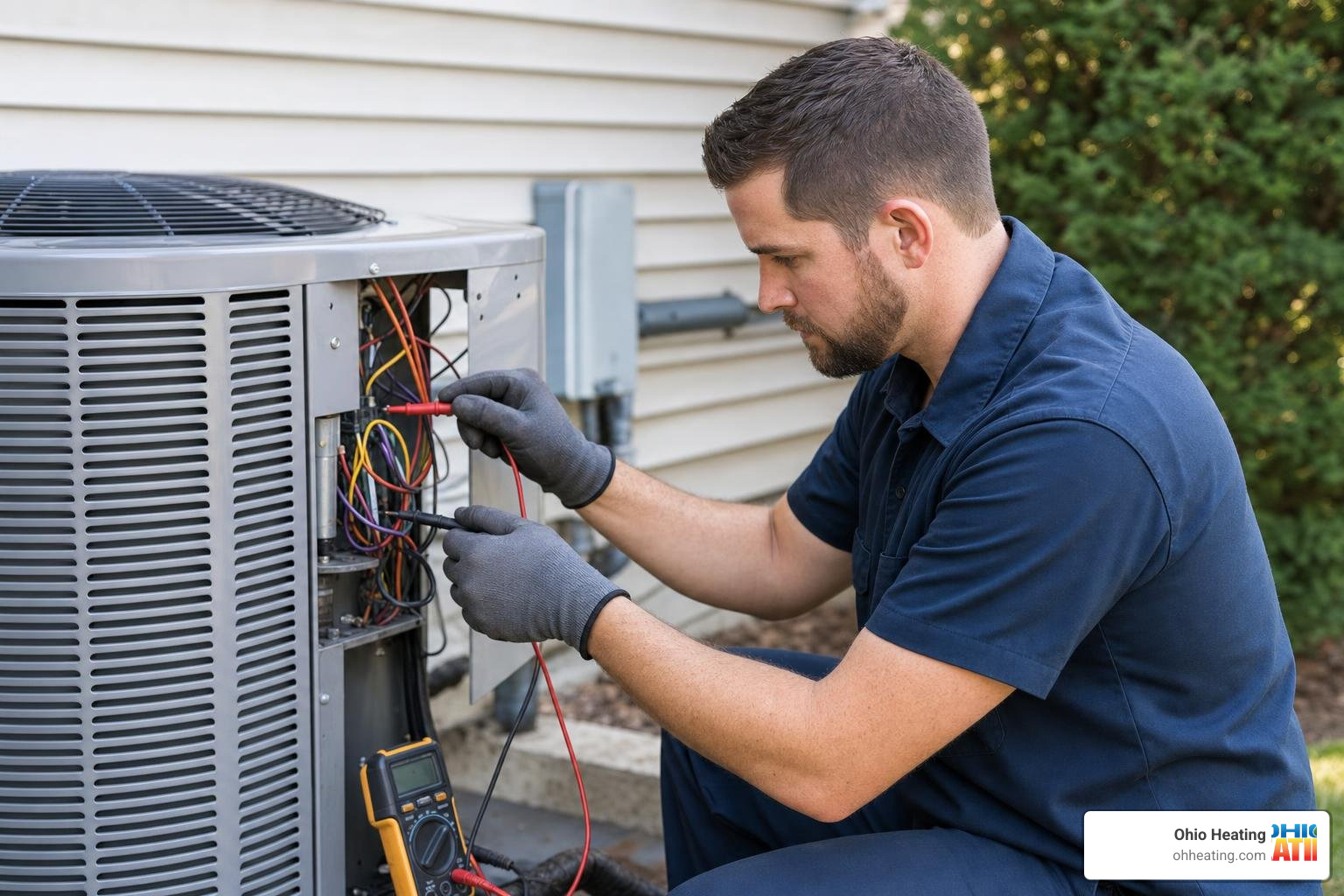Realistic, high-quality photo of a professional AC technician wearing work gloves and a shirt with the 'Ohio Heating' Realistic, high-quality photo of a professional AC technician wearing work gloves and a shirt with the 'Ohio Heating'