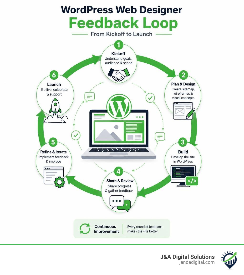 Infographic showing the WordPress web designer feedback loop from kickoff to launch infographic Infographic showing the WordPress web designer feedback loop from kickoff to launch infographic