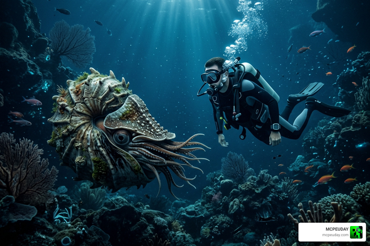 An armored Nautilus swimming alongside a player in a deep ocean biome An armored Nautilus swimming alongside a player in a deep ocean biome