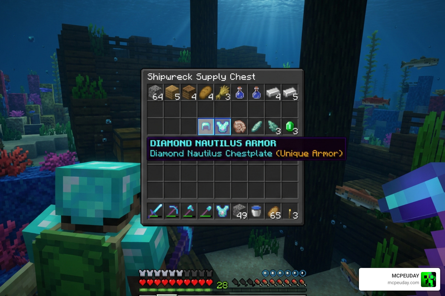 A player discovering Diamond Nautilus Armor inside a shipwreck supply chest A player discovering Diamond Nautilus Armor inside a shipwreck supply chest