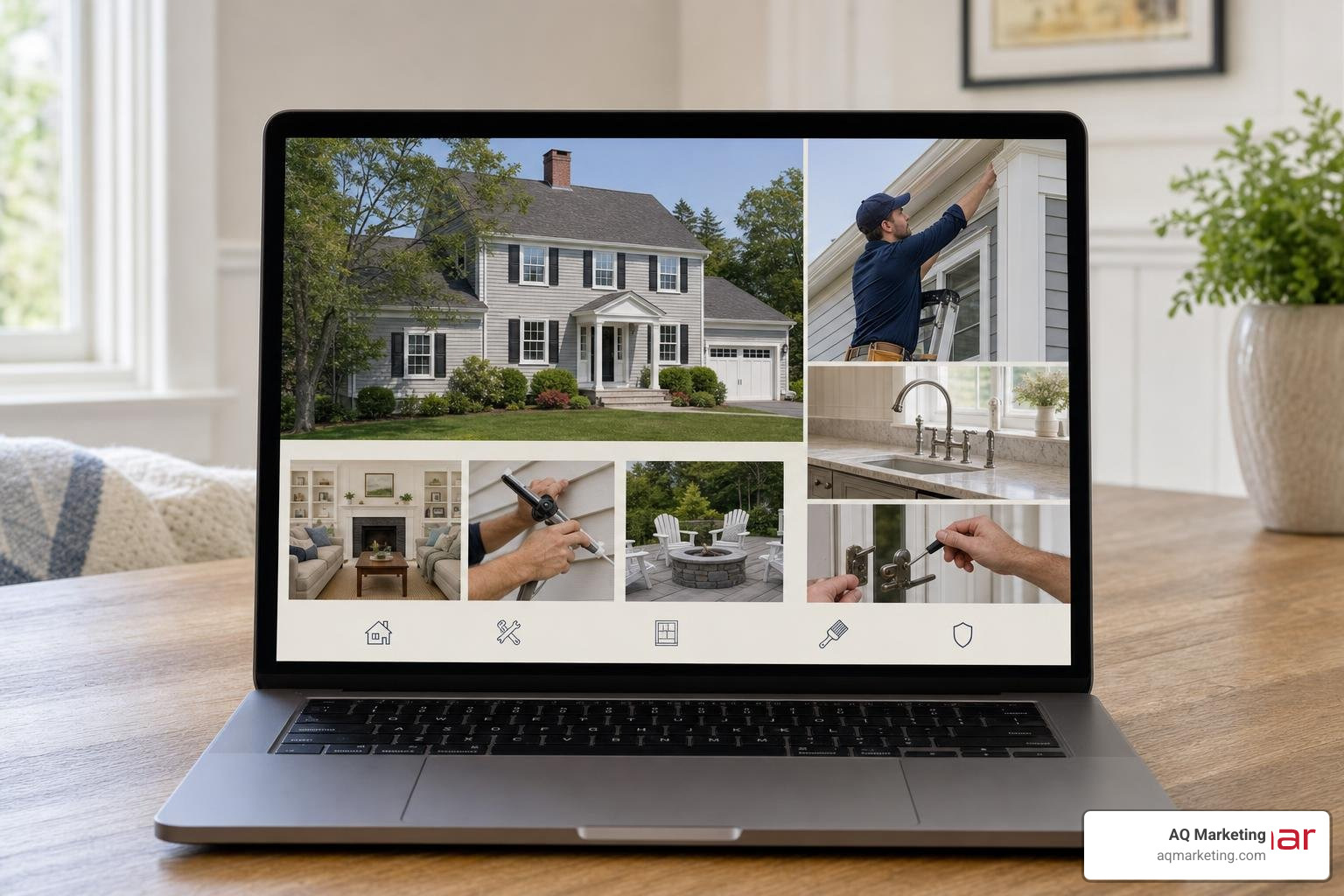 modern home services website layout on a laptop featuring New England design aesthetics