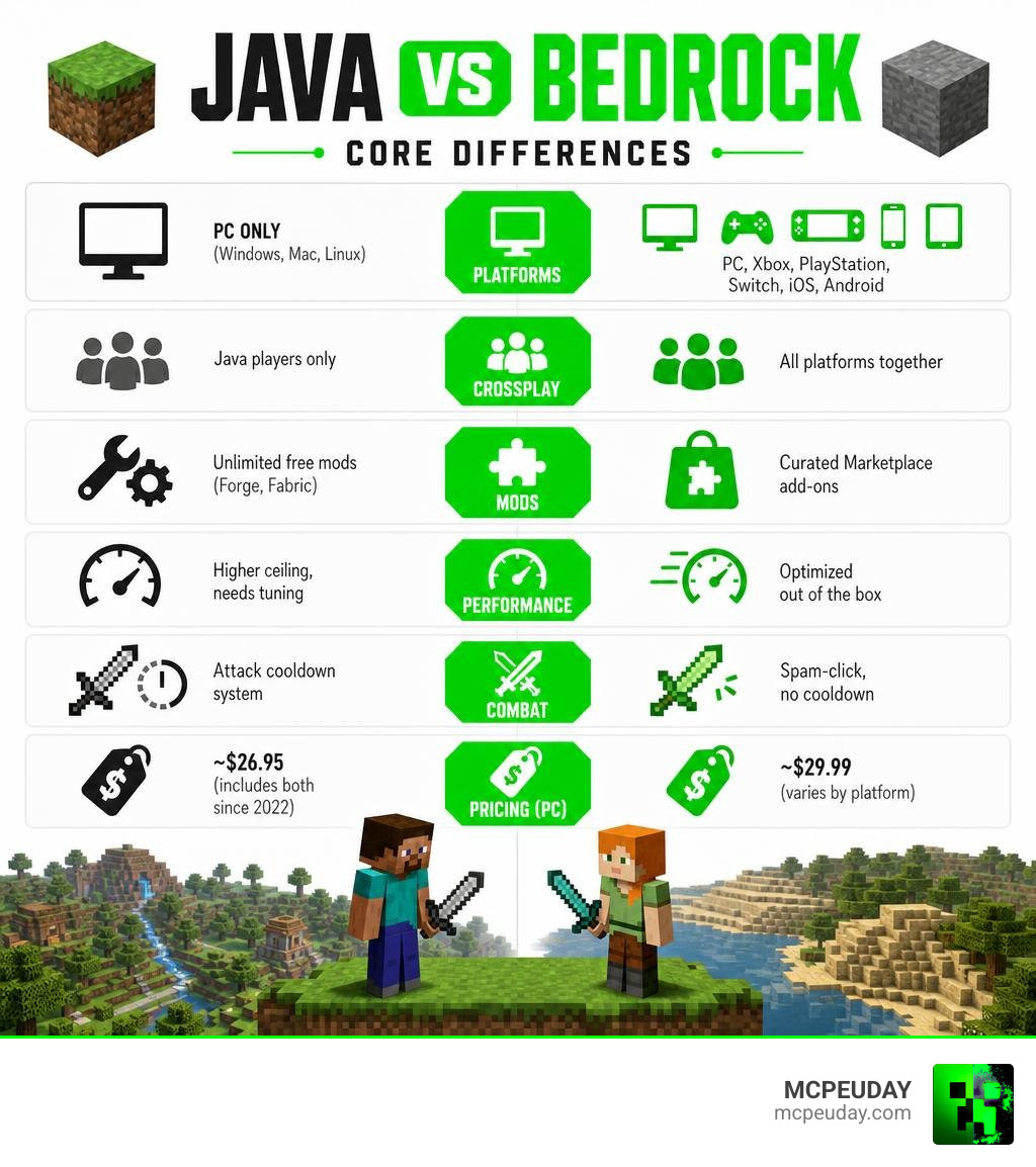 Java vs Bedrock core differences infographic: platforms, mods, crossplay, performance, combat, pricing infographic