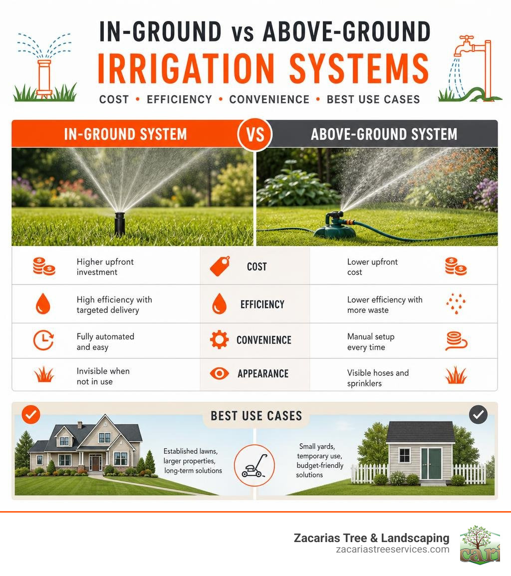 Infographic comparing in-ground vs above-ground irrigation systems: cost, efficiency, convenience, and best use cases Infographic comparing in-ground vs above-ground irrigation systems: cost, efficiency, convenience, and best use cases