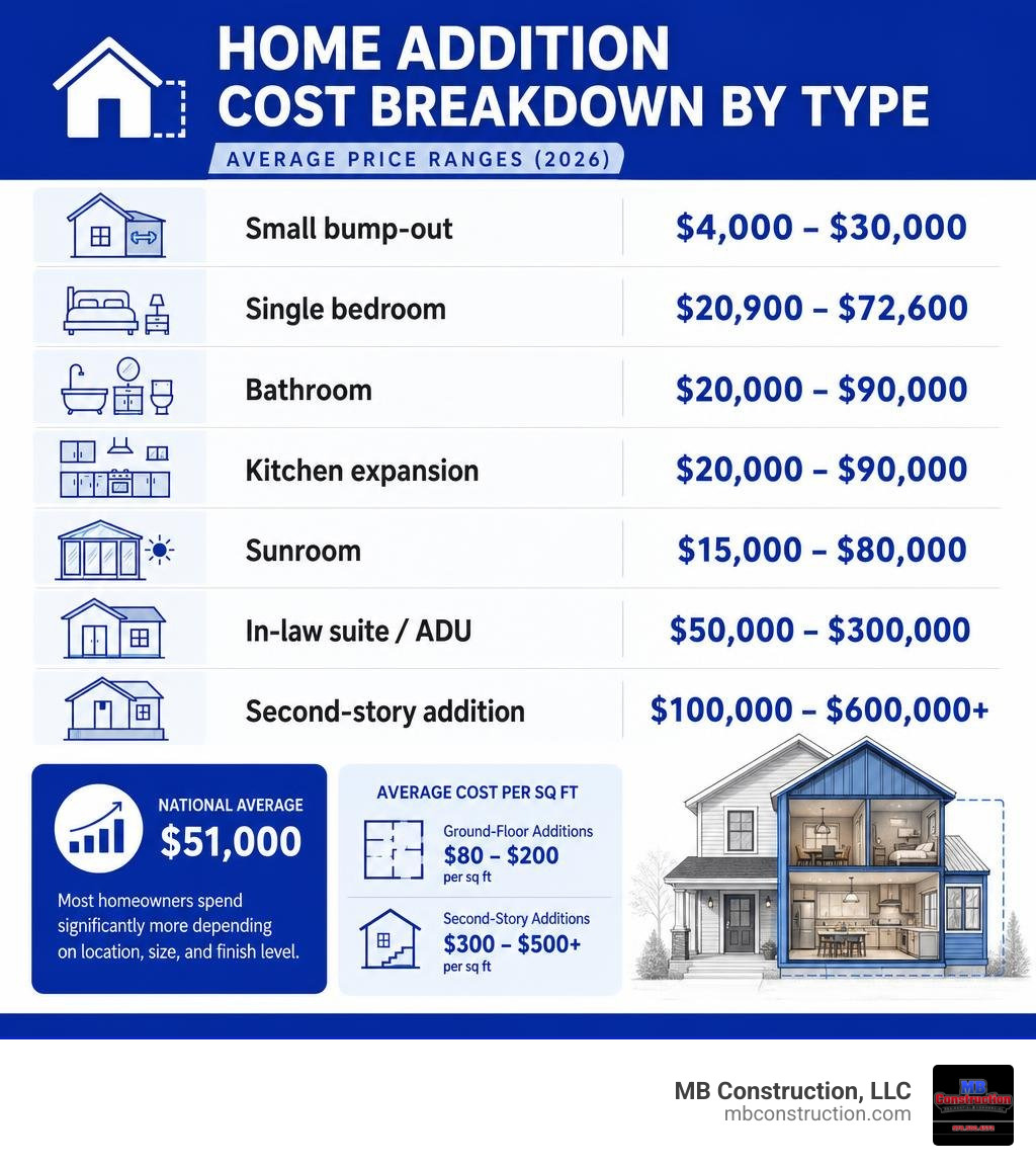 Home addition cost breakdown by type and average price ranges infographic