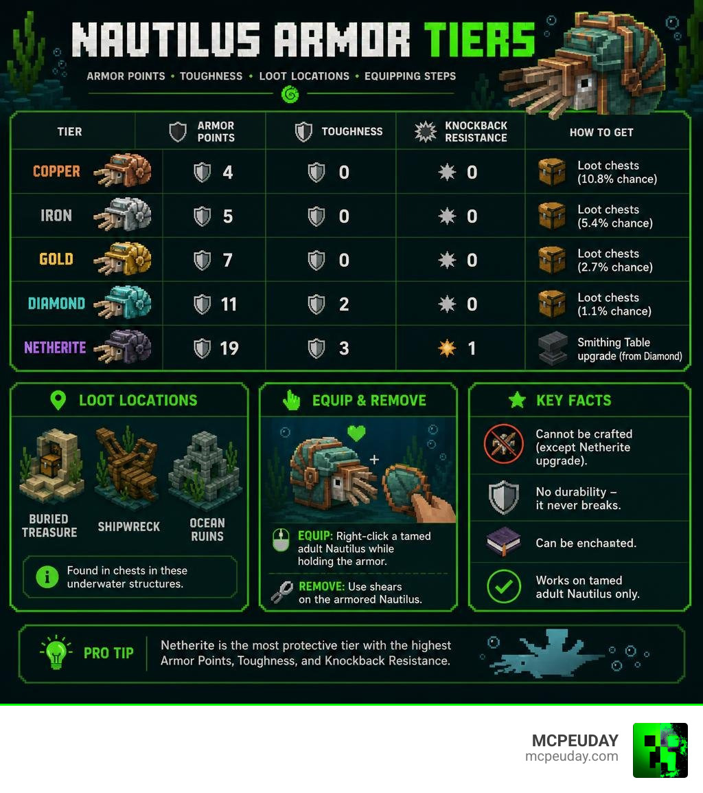 Nautilus armor tiers infographic showing armor points, toughness, loot locations, and equipping steps infographic Nautilus armor tiers infographic showing armor points, toughness, loot locations, and equipping steps infographic